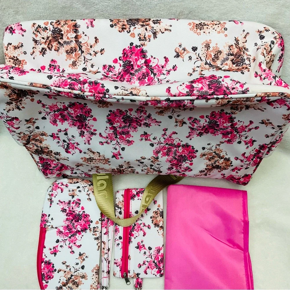 INSOLAR 15”x13” Floral Pink Baby Infant Insulated Diaper Bag - 4 Piece Set